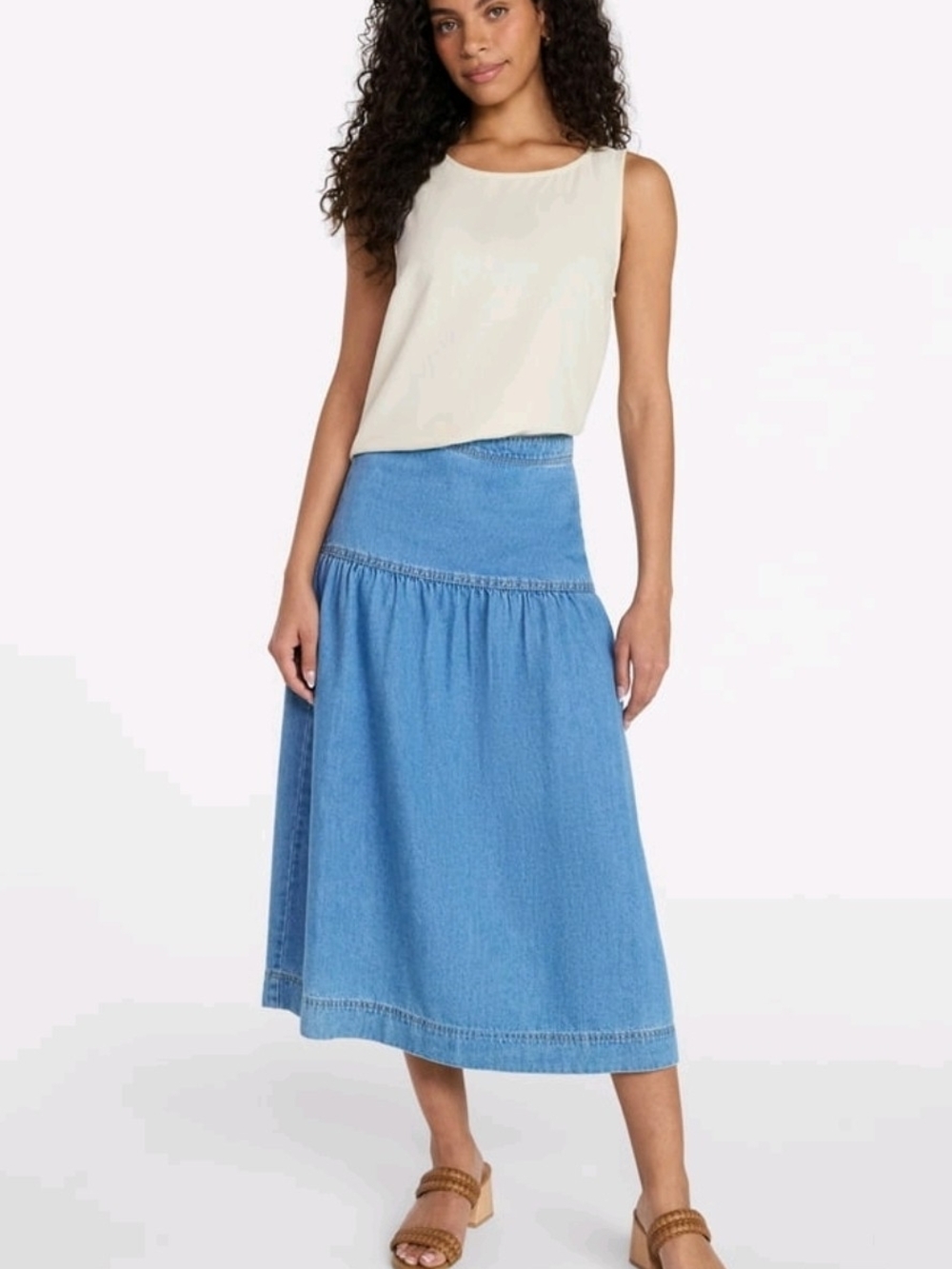 Time and Tru Light Blue Denim A-Line Midi Skirt